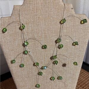 Vintage Floating Crystal Necklace Peridot AB Beads 16" Iridescent Choker Jewelry
